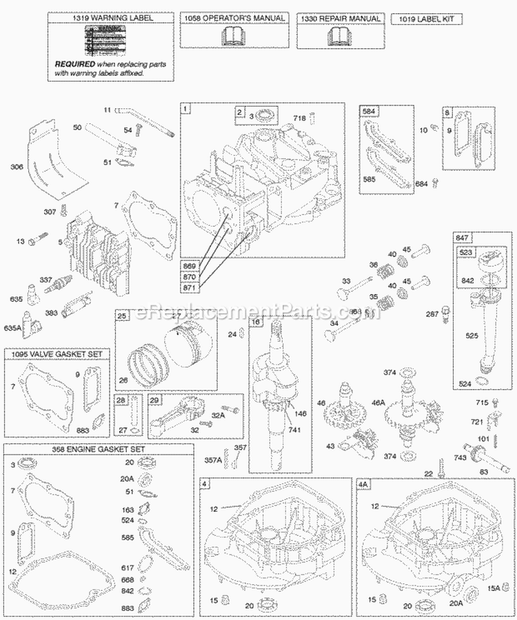 Cams Crankcase CoverSump Crankshaft Cylinder KitGaskets Oil Piston Group Valves Diagram and Parts List for 12G802-1958-B1  Briggs and Stratton Engine